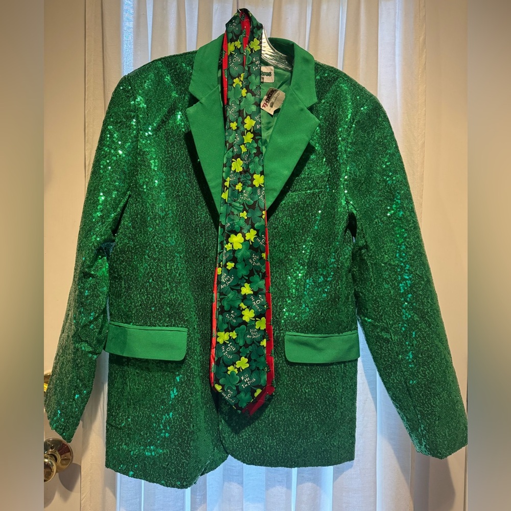 Tipsy Elves Vibrant Green Sequin Blazer with 2  Ties musical Xmas/St Patty’s Day